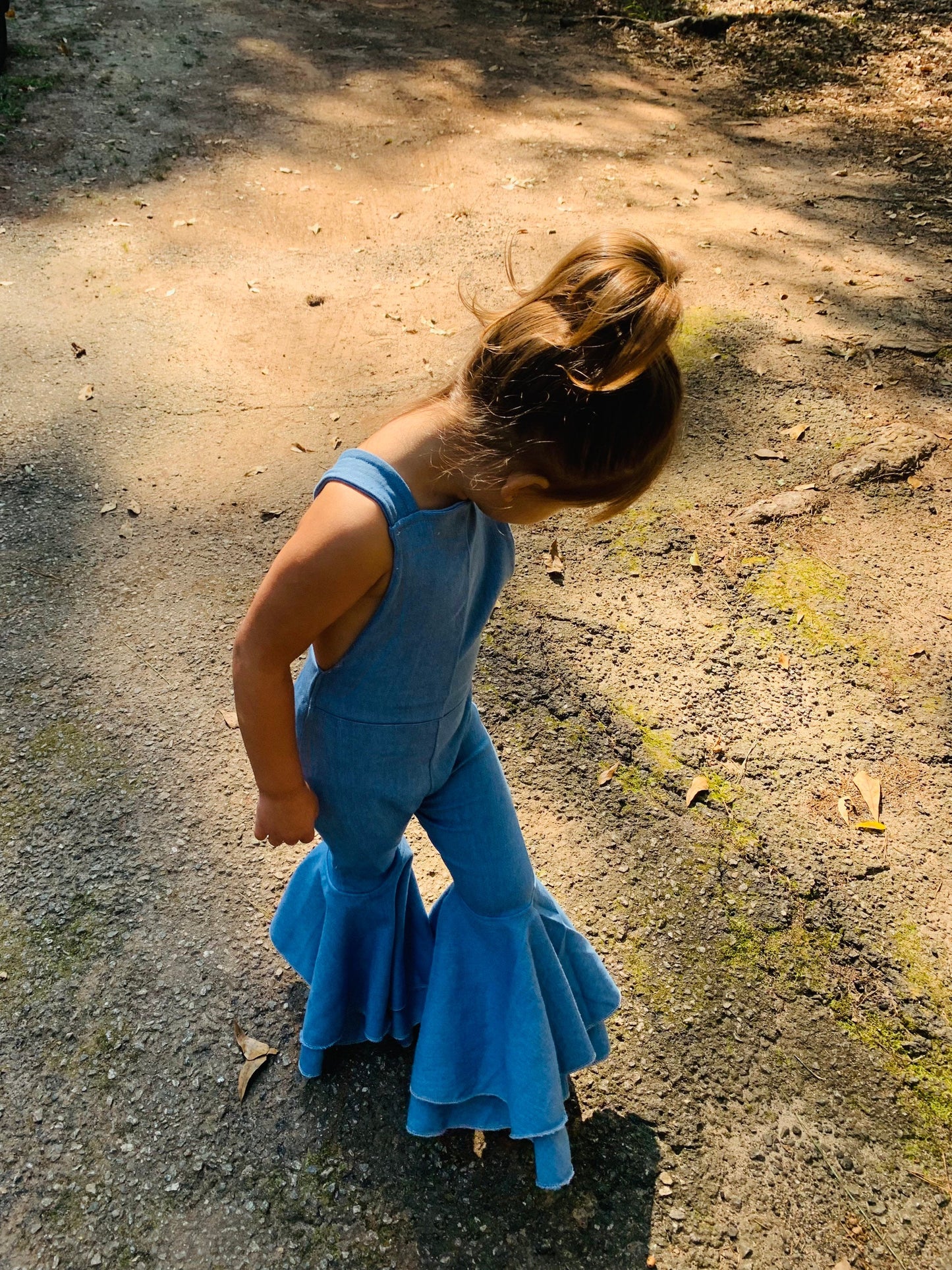 Denim Printed Lycra Retro Style Double Layered Bell Bottom Jumpsuit. Playful 70s Inspired Fashion for Babies/Kids/Juniors Wholesome Goods Co