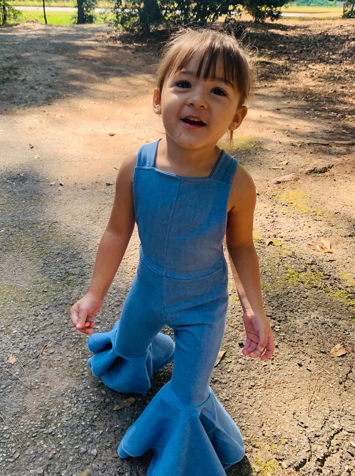 Indigo Lycra Printed  Denim Retro Style Double Layered Bell Bottom Jumpsuit. Playful 70s Inspired Fashion for Babies, Kids and Tweens.