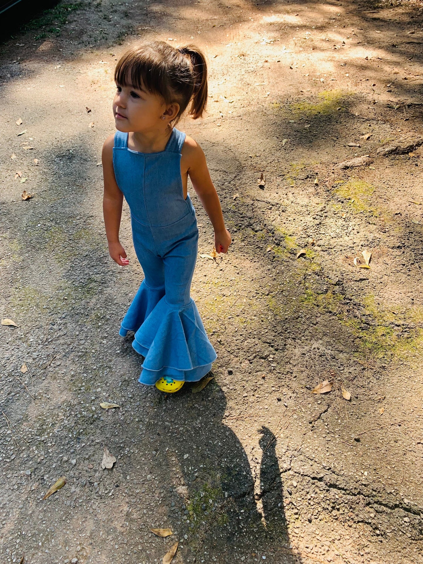 Denim Printed Lycra Retro Style Double Layered Bell Bottom Jumpsuit. Playful 70s Inspired Fashion for Babies/Kids/Juniors Wholesome Goods Co
