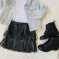 Girls fringe mini skirt|vegan leather, faux suede, lycra spandex|sleeveless mock neck shirt|Girls skirts|Boho fringe skirts|Wholesome Goods