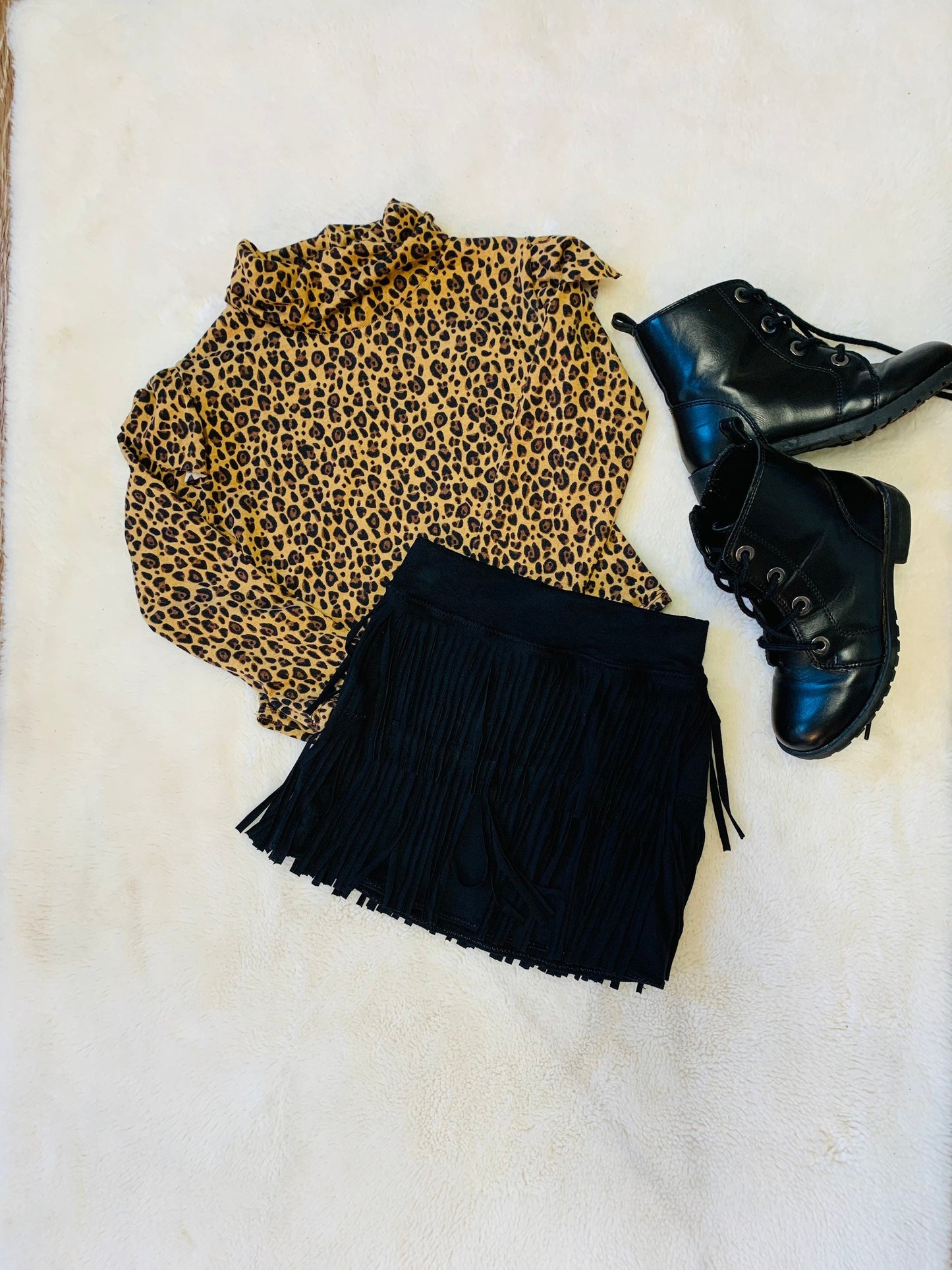 Girls fringe mini skirt faux suede, vegan leather, lycra spandex|cheetah print long sleeve turtleneck shirt|Girls skirts|Wholesome Goods
