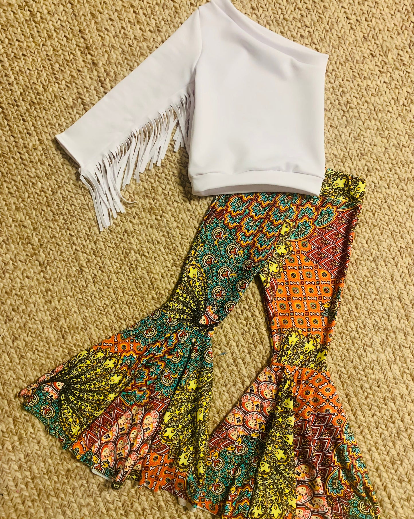 Retro Vibes: Bell Bottom Pants & One Shoulder Fringe Top for Kids - Trendy and Comfortable Outfit for Dancing and Playtime! WHOLESOME GOODS