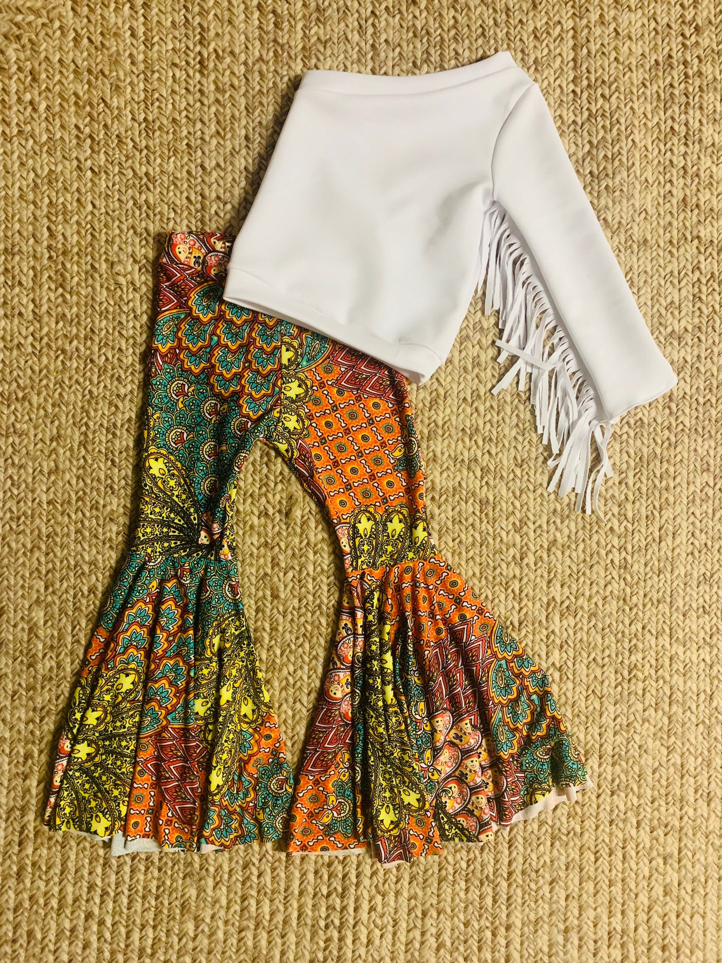 Retro Vibes: Bell Bottom Pants & One Shoulder Fringe Top for Kids - Trendy and Comfortable Outfit for Dancing and Playtime! WHOLESOME GOODS