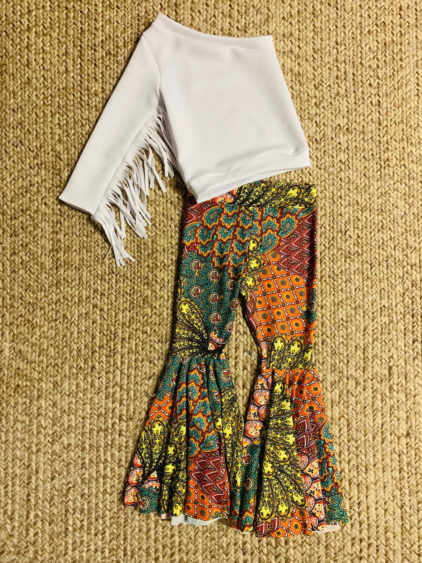 Retro Vibes: Bell Bottom Pants & One Shoulder Fringe Top for Kids - Trendy and Comfortable Outfit for Dancing and Playtime! WHOLESOME GOODS