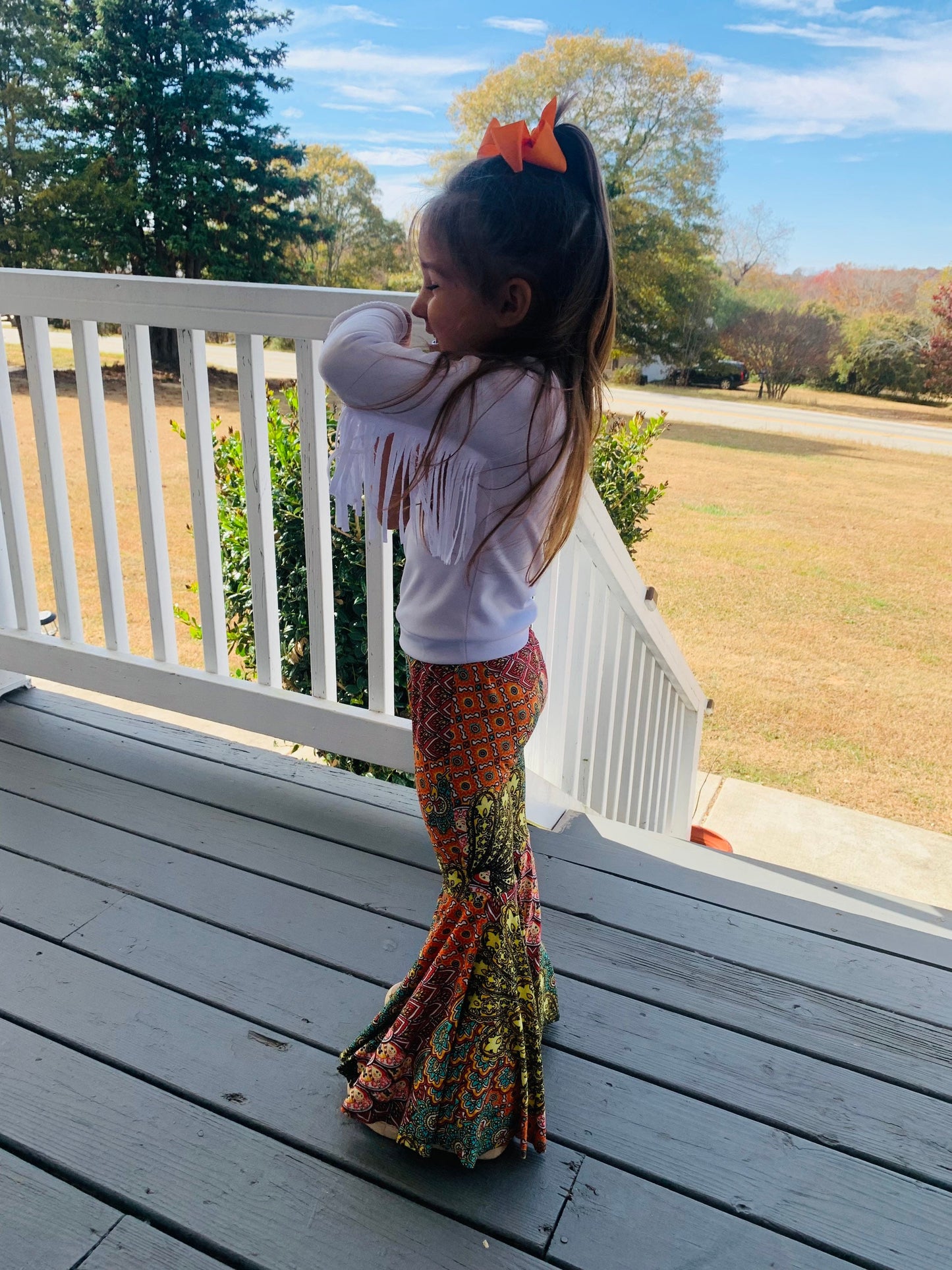 Retro Vibes: Bell Bottom Pants & One Shoulder Fringe Top for Kids - Trendy and Comfortable Outfit for Dancing and Playtime! WHOLESOME GOODS