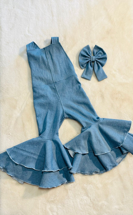 Double Layer Flare Bell Denim Jumpsuit and Bow Set|Baby Jumpsuit| Kids Jumpsuit|Boho Style|70s Clothing|Wholesome Goods Co.