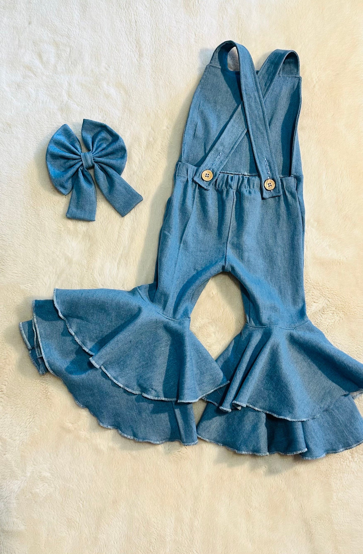 Double Layer Flare Bell Denim Jumpsuit and Bow Set|Baby Jumpsuit| Kids Jumpsuit|Boho Style|70s Clothing|Wholesome Goods Co.