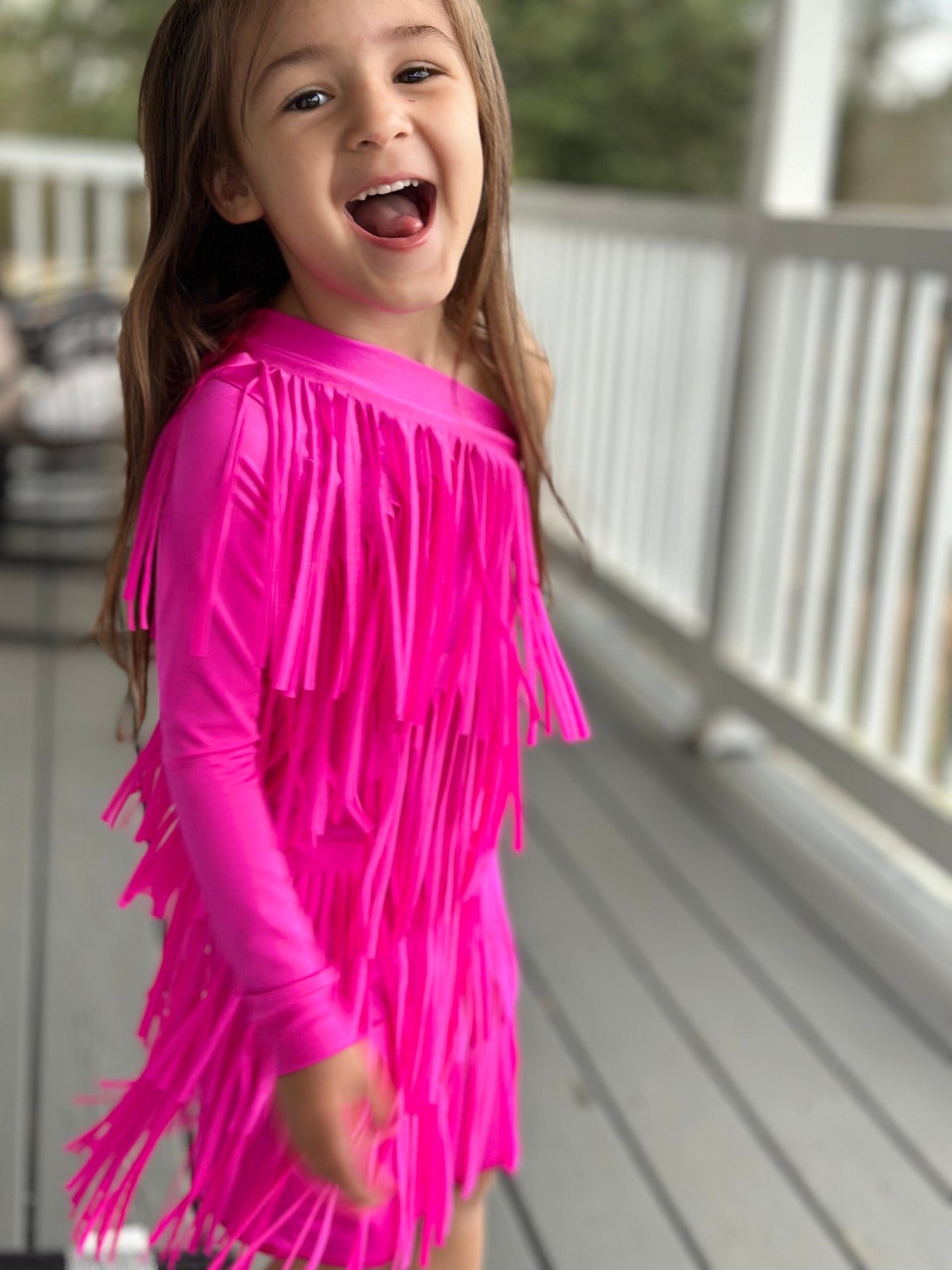 Electric Cowgirl Boho Chic Rodeo Ready One Shoulder Fringe Dress for Free-Spirited Kids - Available in Multiple Colors and Sleeve Styles.
