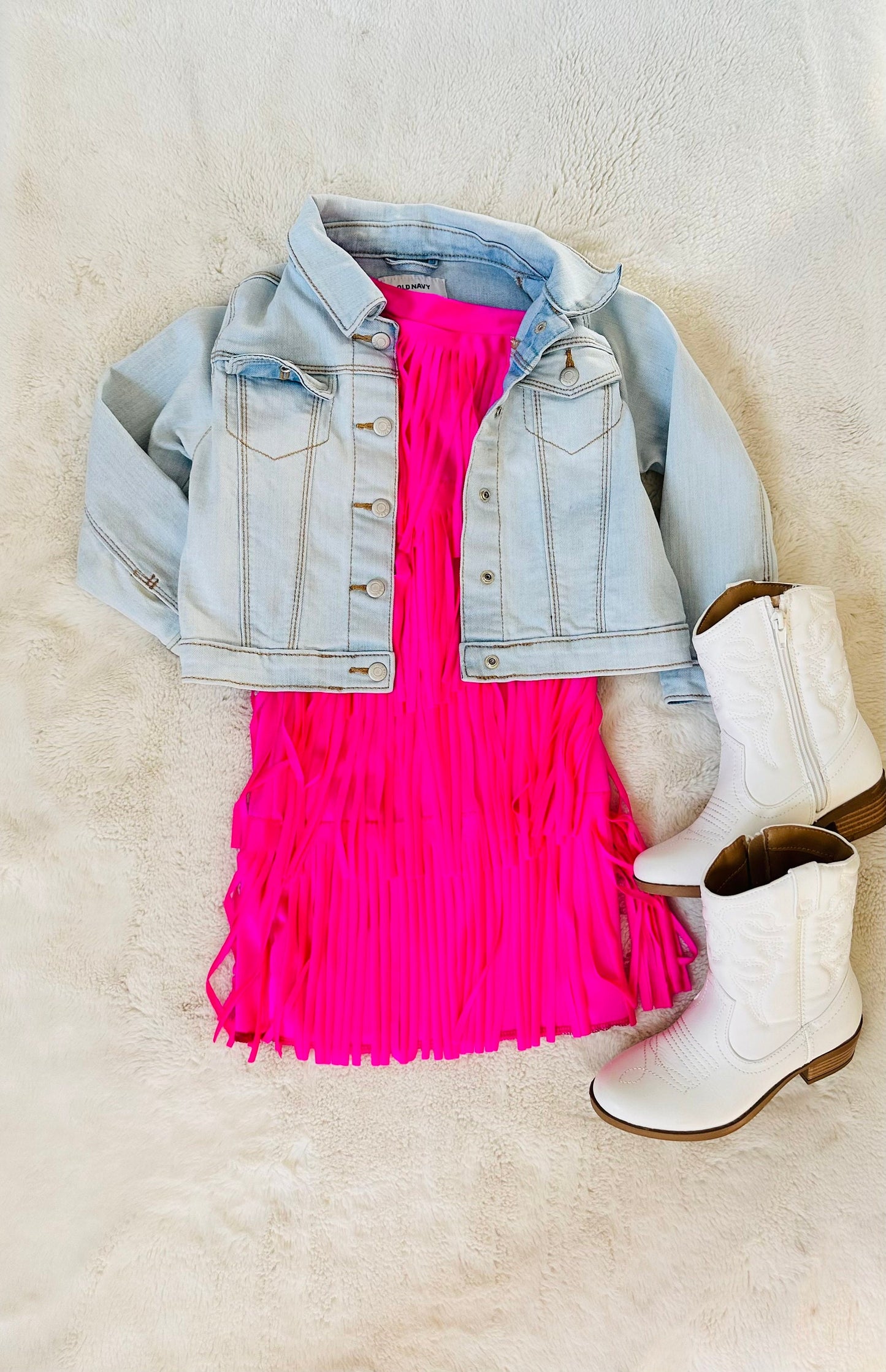 Electric Cowgirl Boho Chic Rodeo Ready One Shoulder Fringe Dress for Free-Spirited Kids - Available in Multiple Colors and Sleeve Styles.