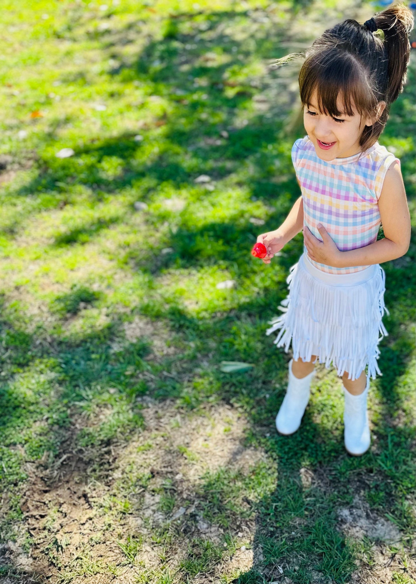 Leotard|White Pleather Fringe Skirt|Trendy Sunglasses| Wholesome Goods Co