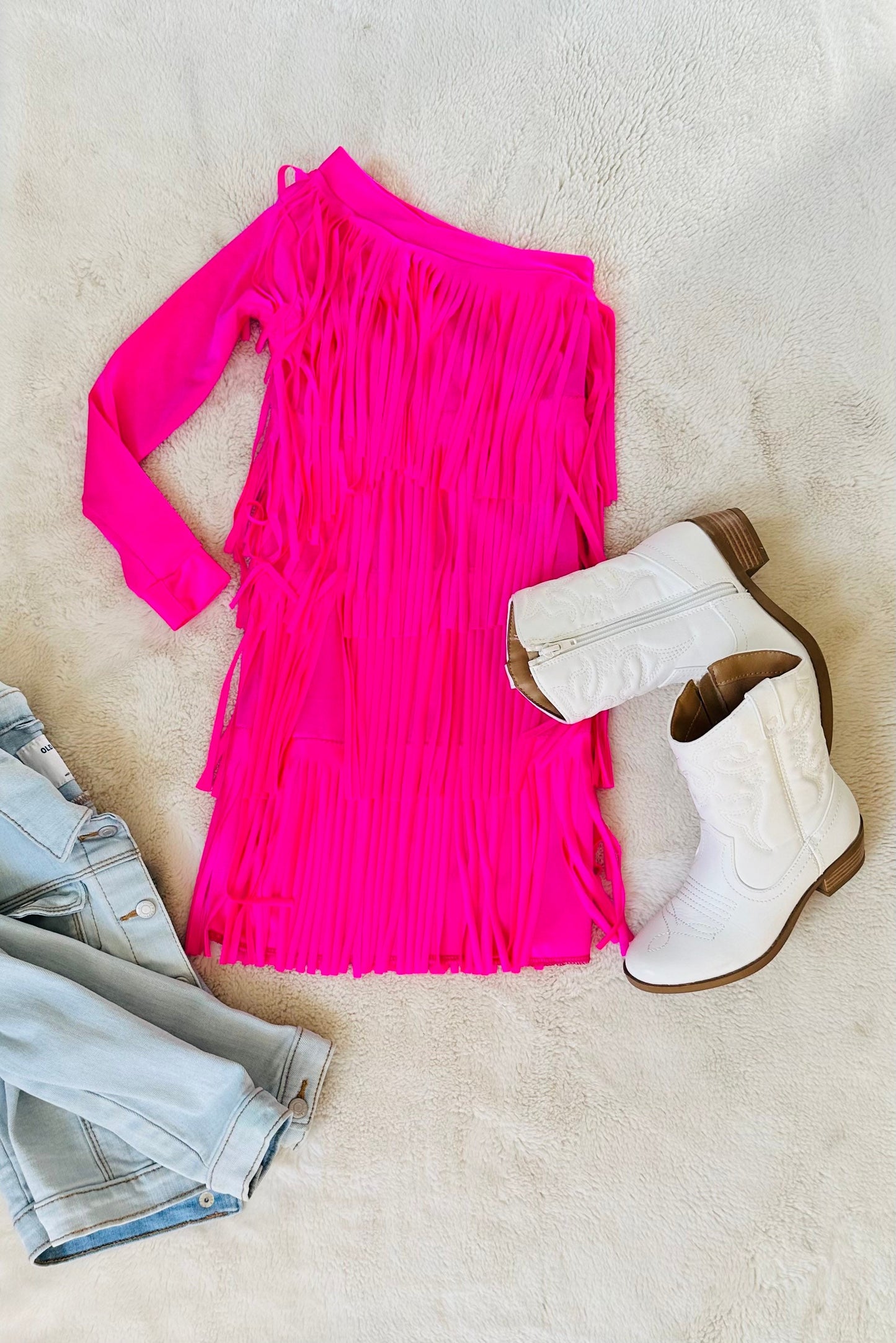 Electric Cowgirl Boho Chic Rodeo Ready One Shoulder Fringe Dress for Free-Spirited Kids - Available in Multiple Colors and Sleeve Styles.