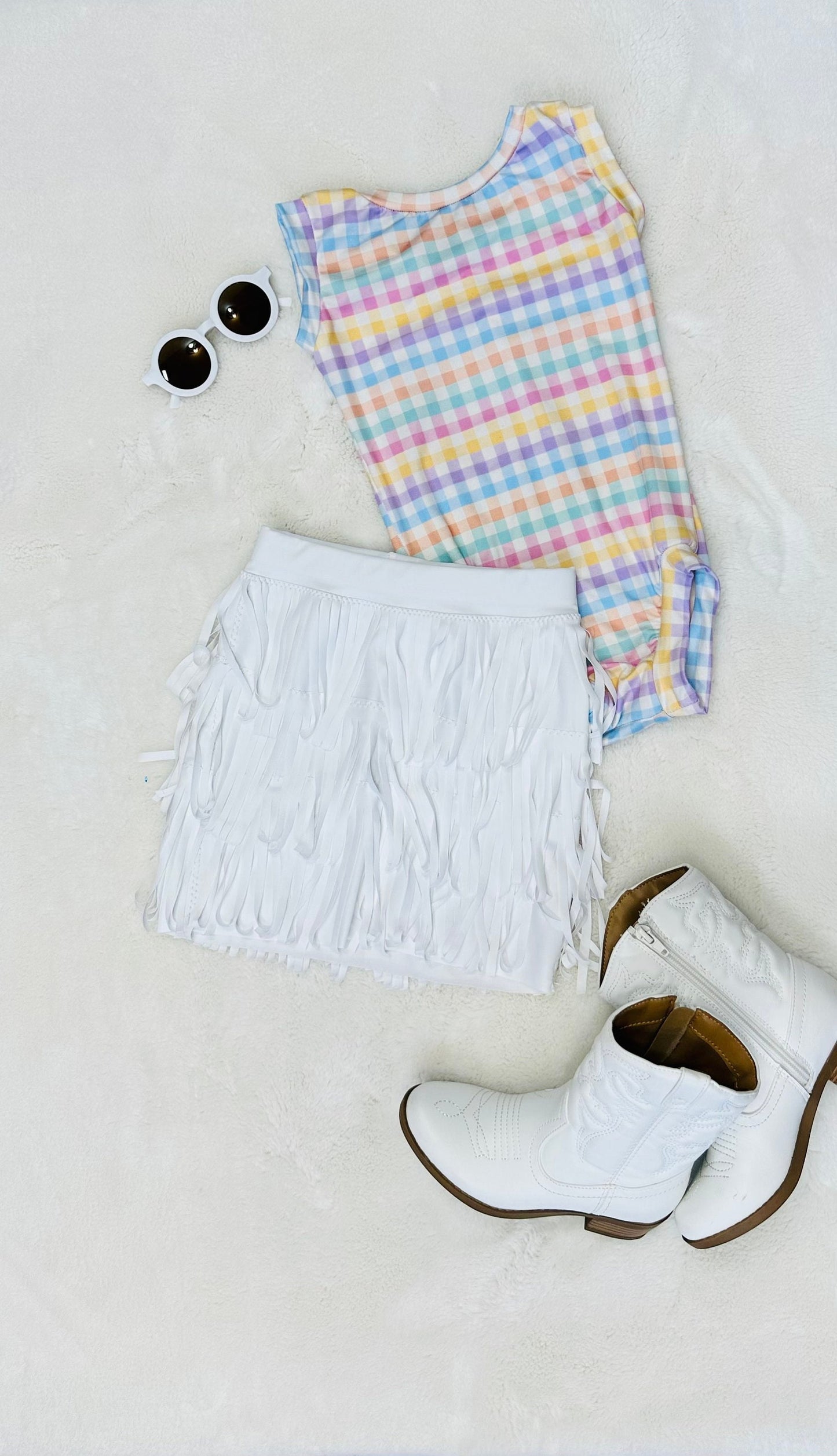 Leotard|White Pleather Fringe Skirt|Trendy Sunglasses| Wholesome Goods Co
