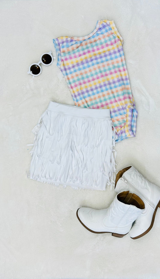 Leotard|White Pleather Fringe Skirt|Trendy Sunglasses| Wholesome Goods Co