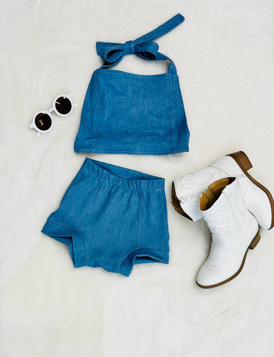 Daisy Dukes Denim Shorts|Denim Cropped Top|Kids Bummies|Kids Shorts|Wholesome Goods Co