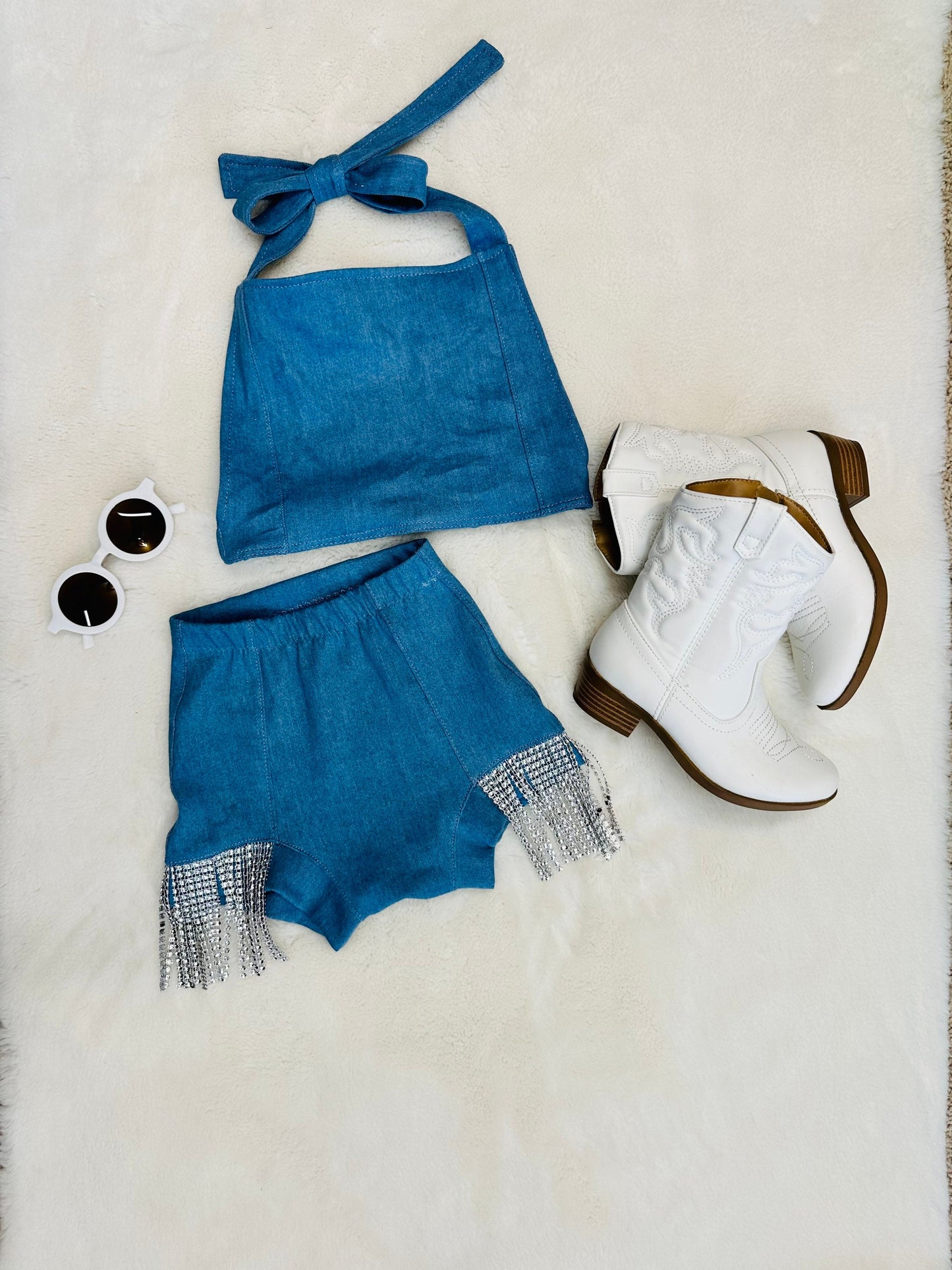 Bedazzled Daisy Dukes Denim Shorts|Denim Cropped Top|Kids Bummies|Kids Shorts|Wholesome Goods Co