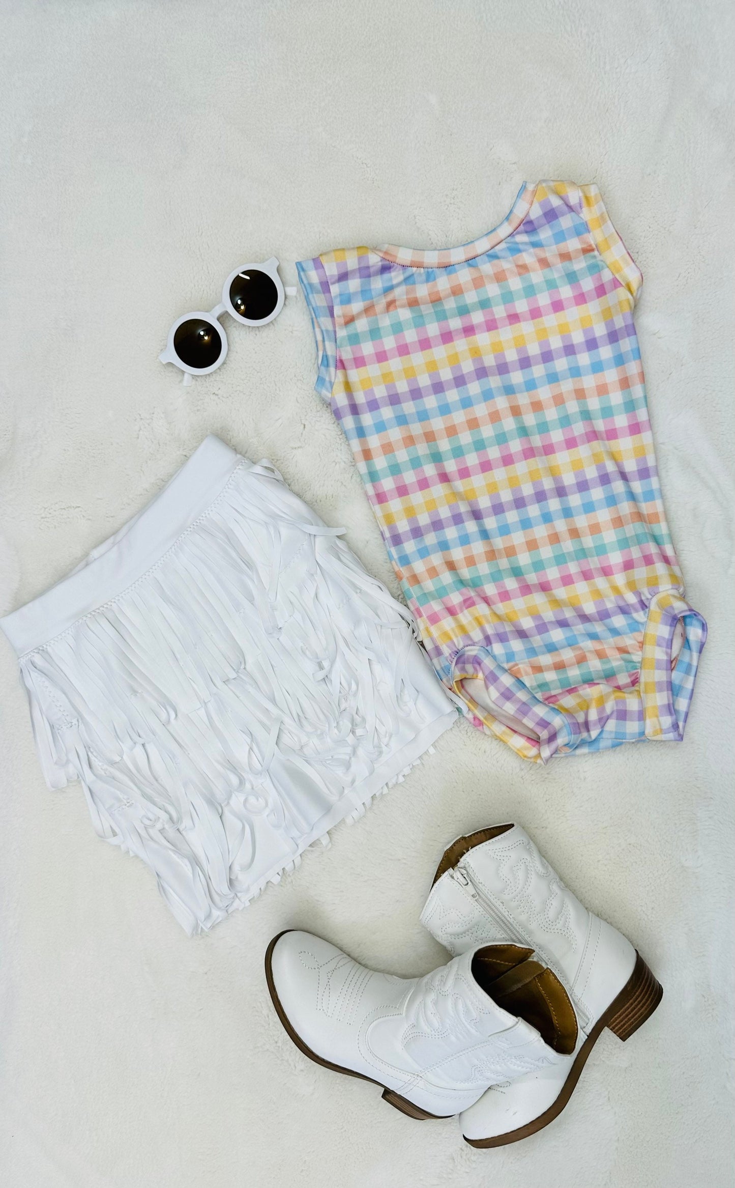 Leotard|White Pleather Fringe Skirt|Trendy Sunglasses| Wholesome Goods Co