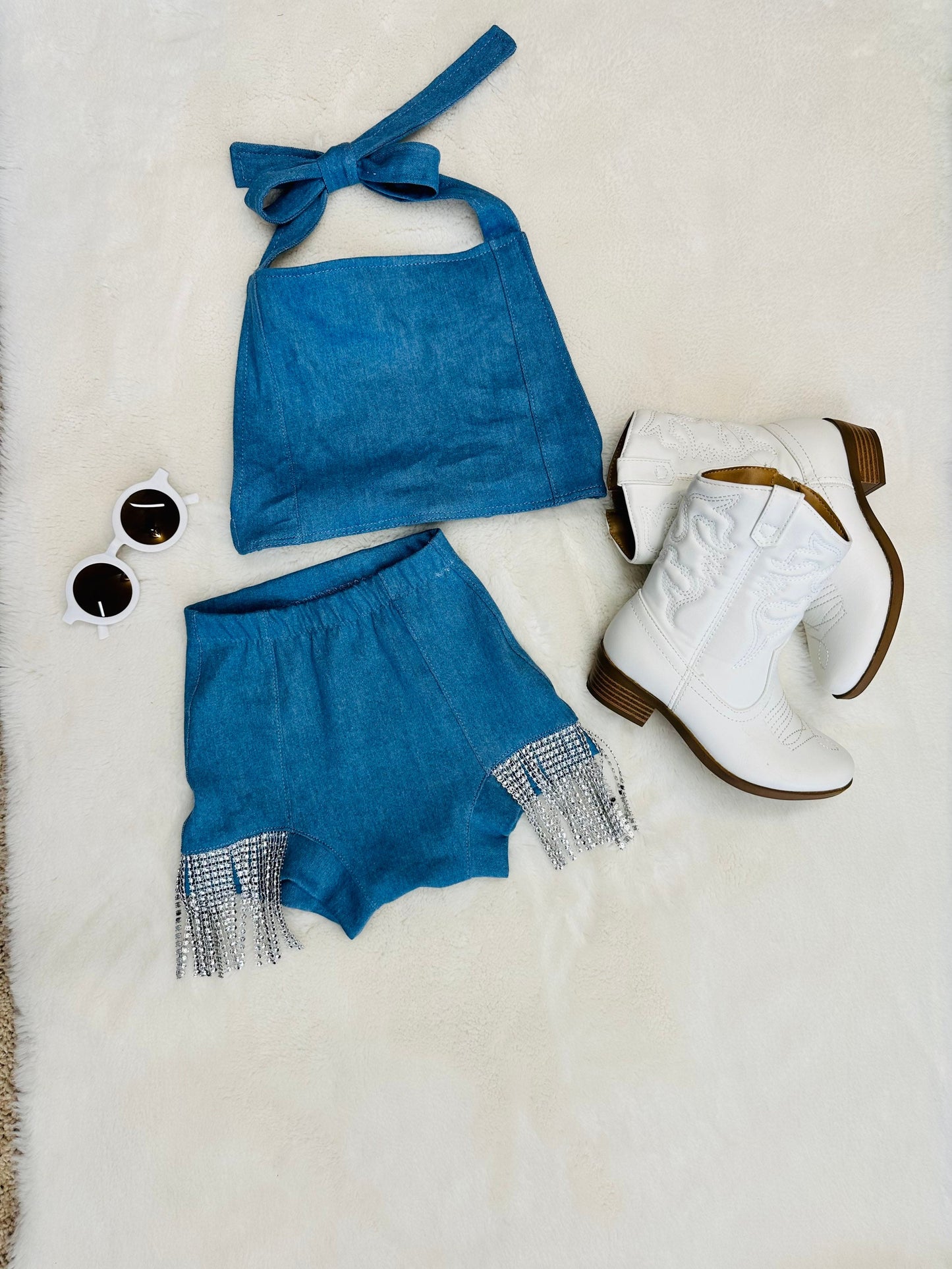 Bedazzled Daisy Dukes Denim Shorts|Denim Cropped Top|Kids Bummies|Kids Shorts|Wholesome Goods Co