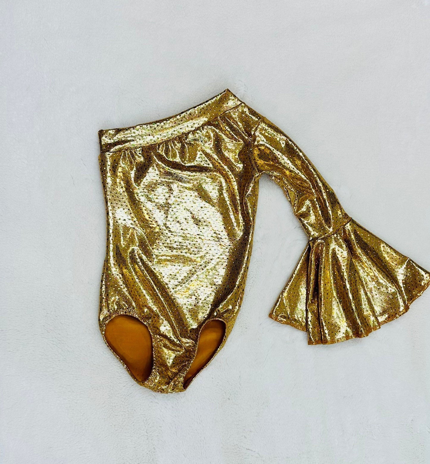 Gold Asymmetrical Leotard with Bell Sleeve choose your color/Kids leotards/Girls leotards/Junior leotards/Dancewear/Pageant Clothes/Handmade
