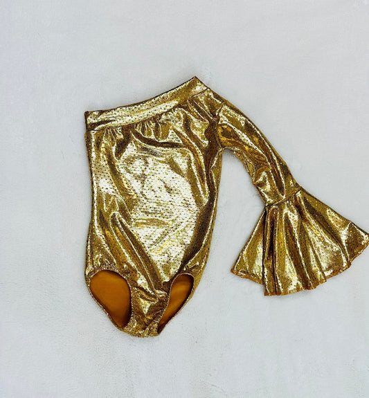 Gold Asymmetrical Leotard with Bell Sleeve choose your color/Kids leotards/Girls leotards/Junior leotards/Dancewear/Pageant Clothes/Handmade