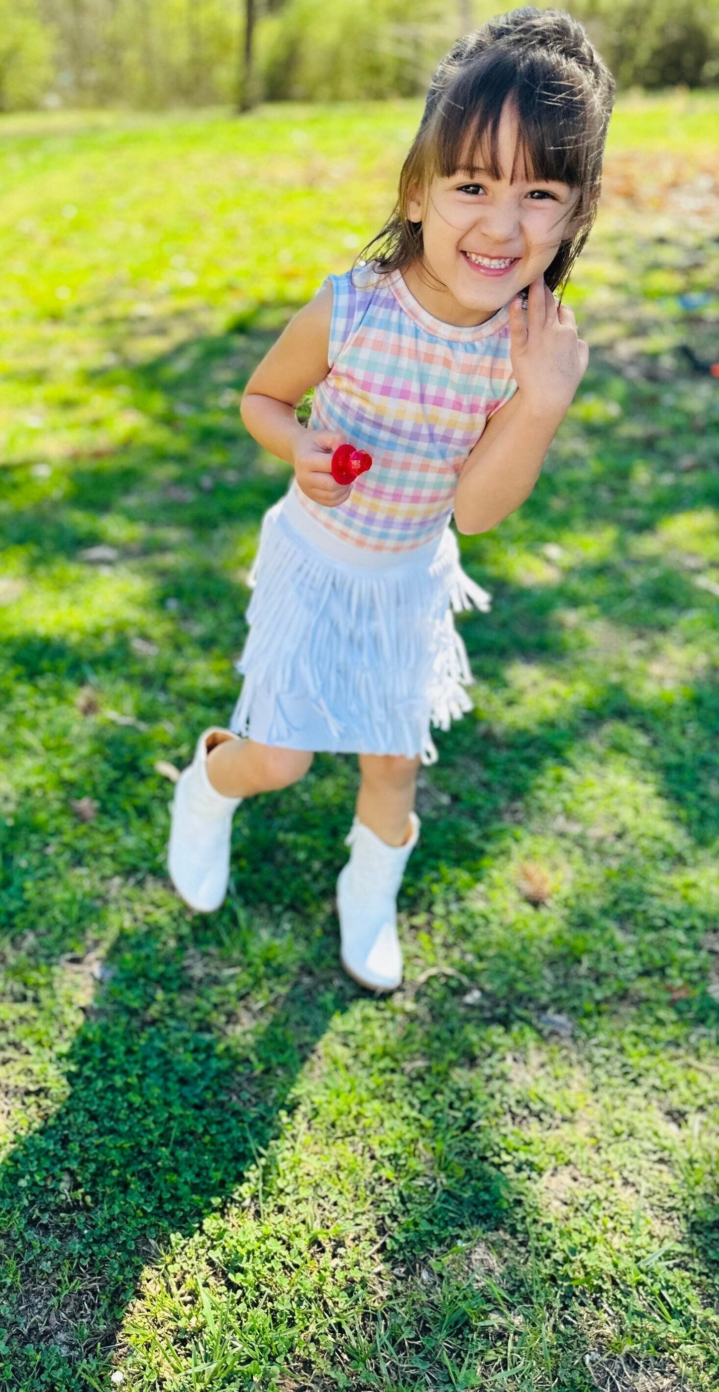 Leotard|White Pleather Fringe Skirt|Trendy Sunglasses| Wholesome Goods Co