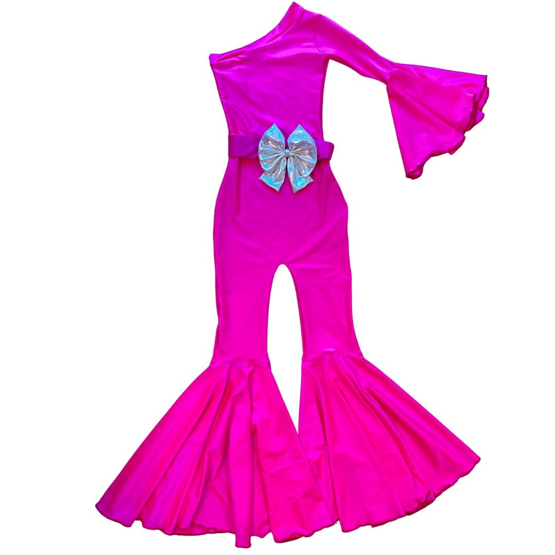 Hot Pink Dancing Queen Jumpsuit with Matching Belt|Flare Bell Jumpsuit|One Shoulder Jumpsuit|Girl birthday outfit|More colors available