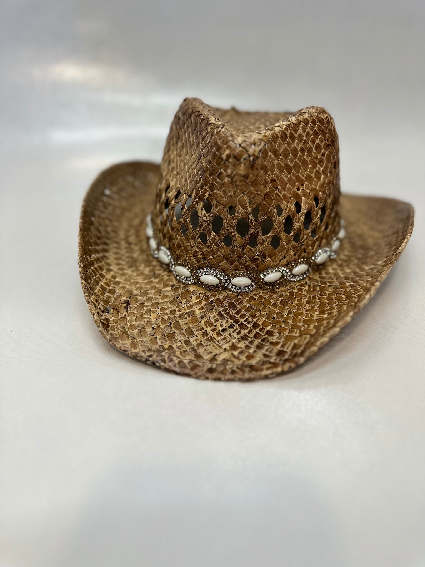 Cowgirl Hat | Woven Straw with Rhinestone Detailing | Western Style for Parties and Everyday Wear | Tan Boho Chic | Child & Adult Sizes
