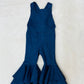 Indigo Lycra Printed  Denim Retro Style Double Layered Bell Bottom Jumpsuit. Playful 70s Inspired Fashion for Babies, Kids and Tweens.