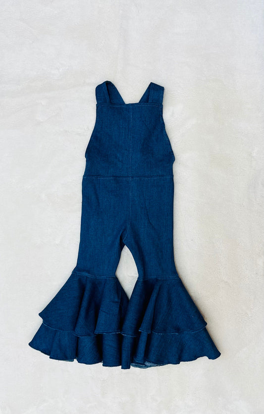 Indigo Lycra Printed  Denim Retro Style Double Layered Bell Bottom Jumpsuit. Playful 70s Inspired Fashion for Babies, Kids and Tweens.
