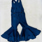 Indigo Lycra Printed  Denim Retro Style Double Layered Bell Bottom Jumpsuit. Playful 70s Inspired Fashion for Babies, Kids and Tweens.