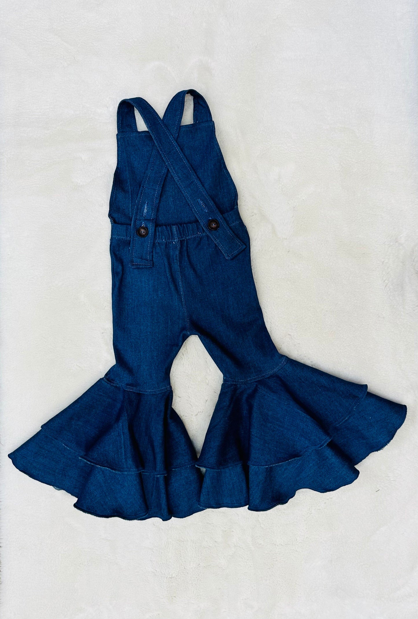 Indigo Lycra Printed  Denim Retro Style Double Layered Bell Bottom Jumpsuit. Playful 70s Inspired Fashion for Babies, Kids and Tweens.