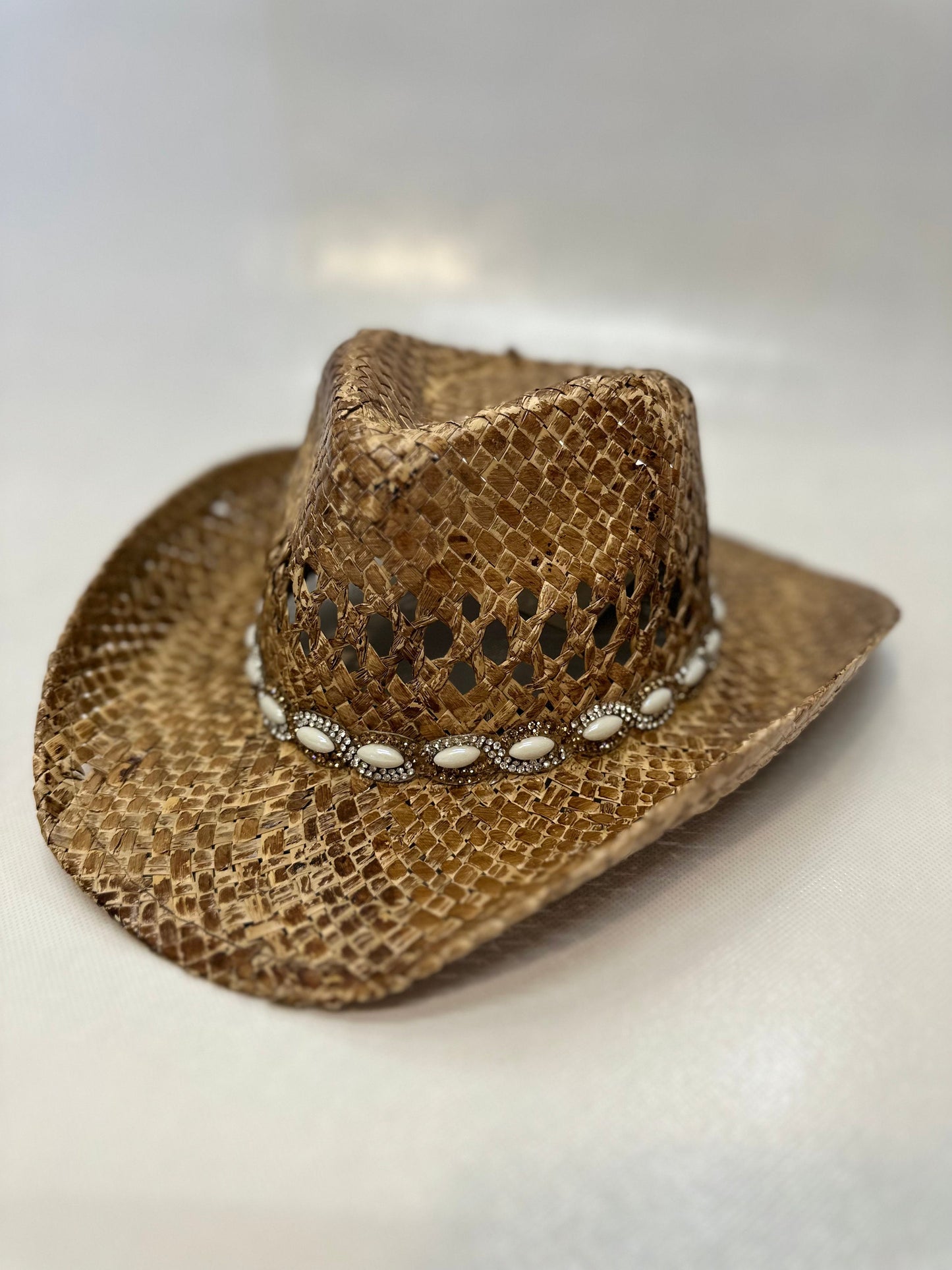 Cowgirl Hat | Woven Straw with Rhinestone Detailing | Western Style for Parties and Everyday Wear | Tan Boho Chic | Child & Adult Sizes