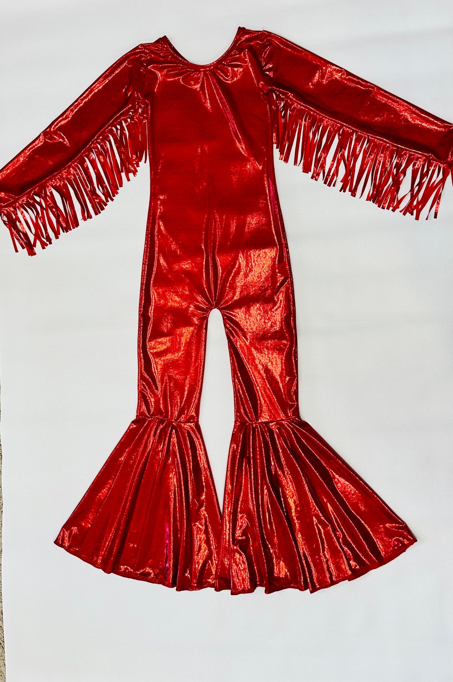 Phoenix Kids Jumpsuit, Fringe Sleeves, Flare Bells, Holographic, Metallic Mystique, Lycra Spandex, Toddler to Tween Sizes|Pageant Wear