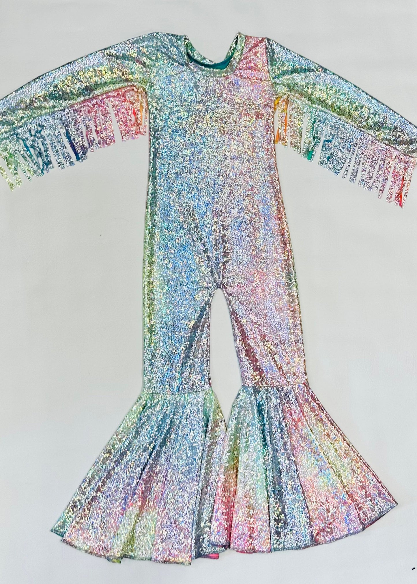 Phoenix Kids Jumpsuit, Fringe Sleeves, Flare Bells, Holographic, Metallic Mystique, Lycra Spandex, Toddler to Tween Sizes|Pageant Wear