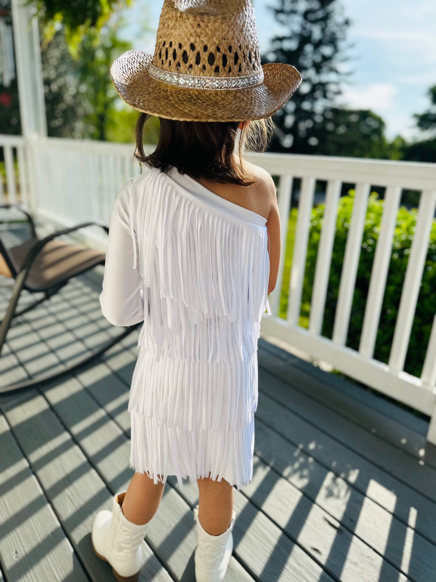 Gold Cowgirl Boho Chic Rodeo Ready One Shoulder Fringe Dress for Free-Spirited Kids - Available in Multiple Colors & Sleeve Styles