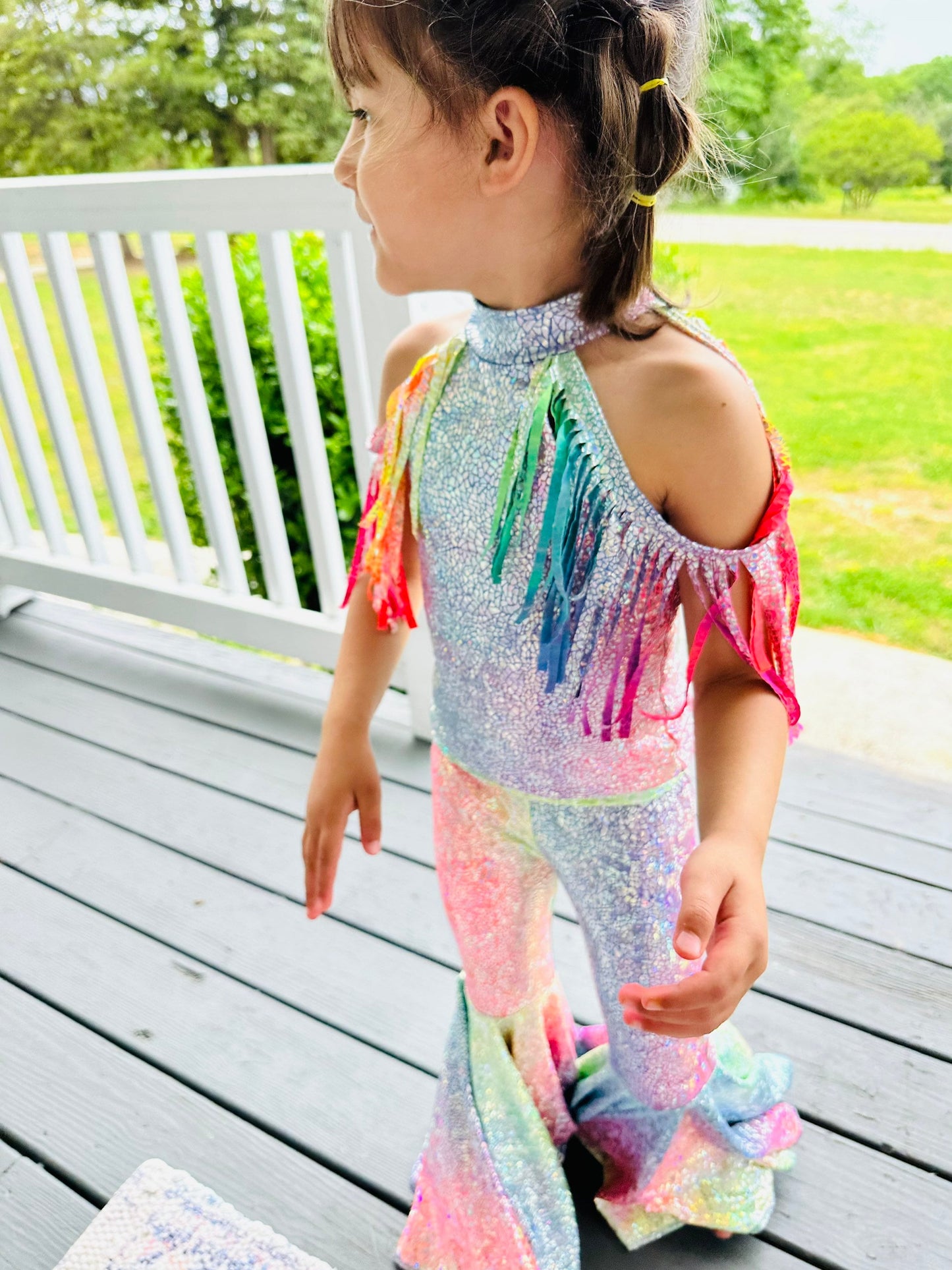 Pageant-Ready Fringe Shoulder Set with Flared Bell Bottoms - Diverse Colors & Sizes for Special Occasion