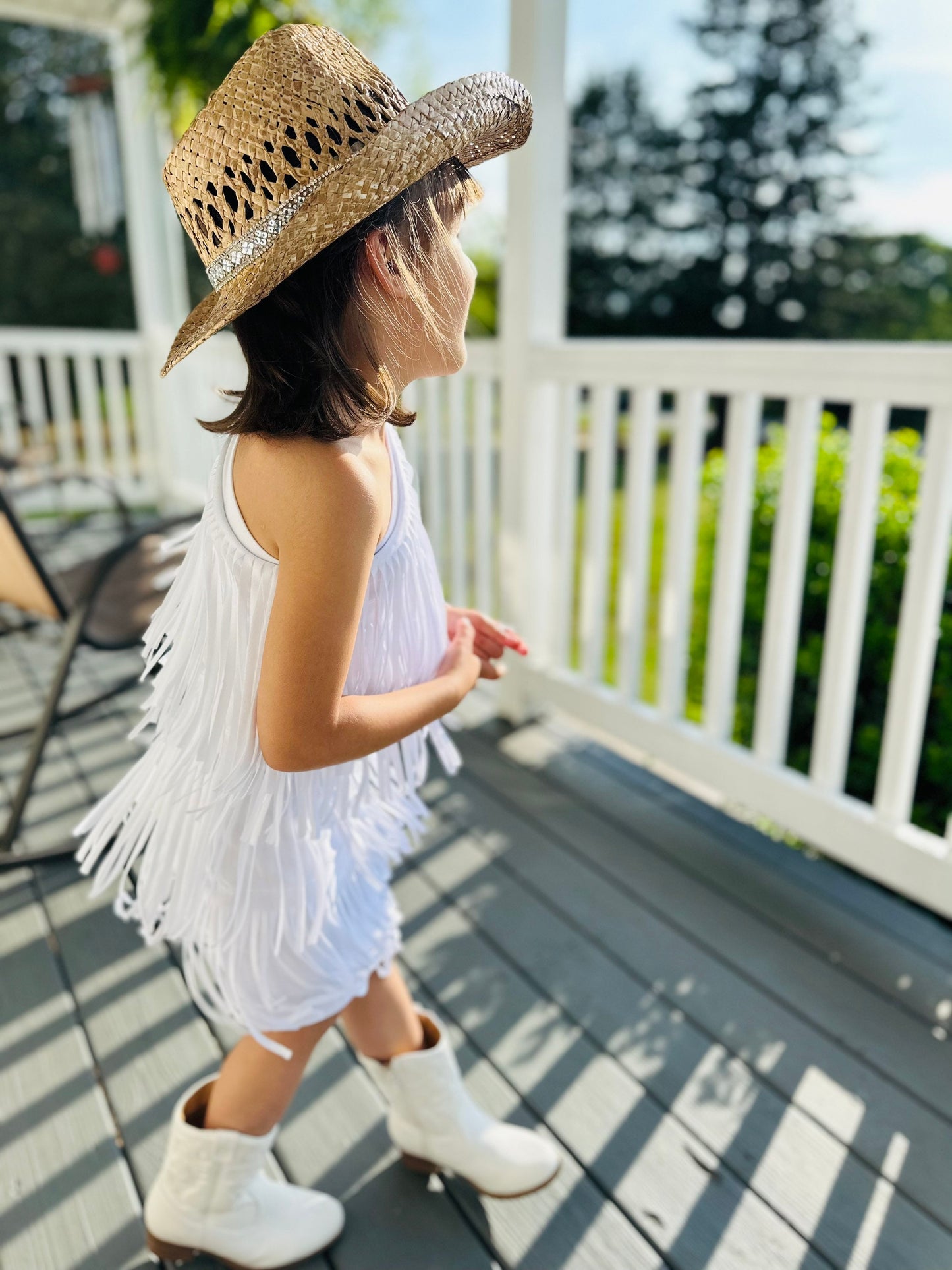 Gold Cowgirl Boho Chic Rodeo Ready One Shoulder Fringe Dress for Free-Spirited Kids - Available in Multiple Colors & Sleeve Styles