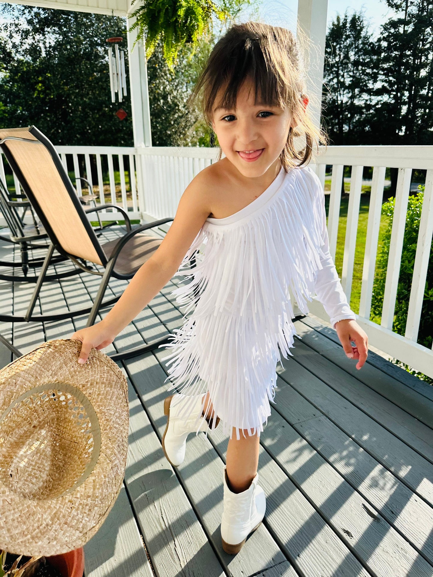 Gold Cowgirl Boho Chic Rodeo Ready One Shoulder Fringe Dress for Free-Spirited Kids - Available in Multiple Colors & Sleeve Styles