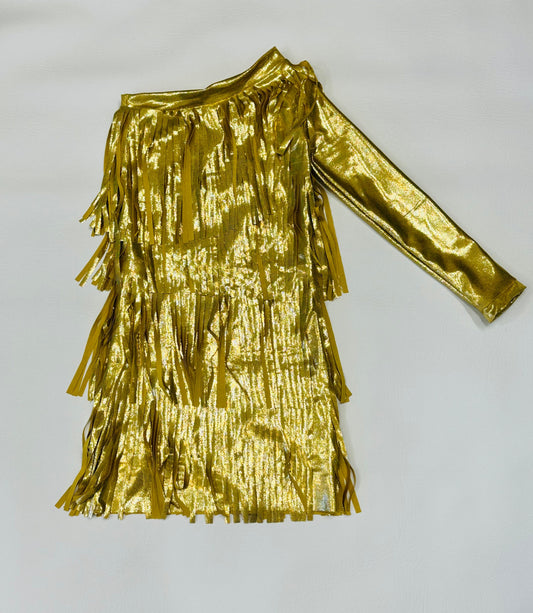 Gold Cowgirl Boho Chic Rodeo Ready One Shoulder Fringe Dress for Free-Spirited Kids - Available in Multiple Colors & Sleeve Styles