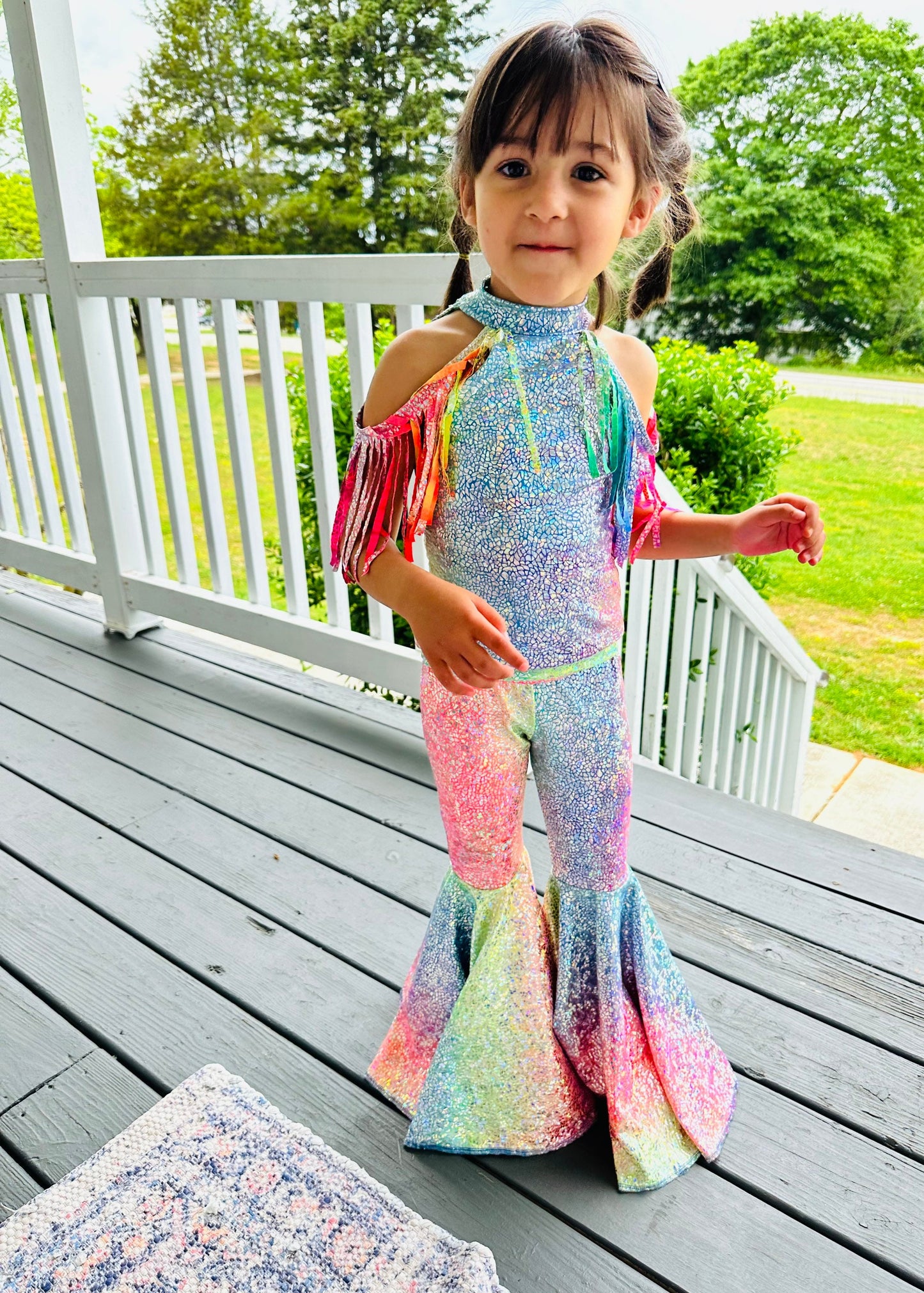 Pageant-Ready Fringe Shoulder Set with Flared Bell Bottoms - Diverse Colors & Sizes for Special Occasion
