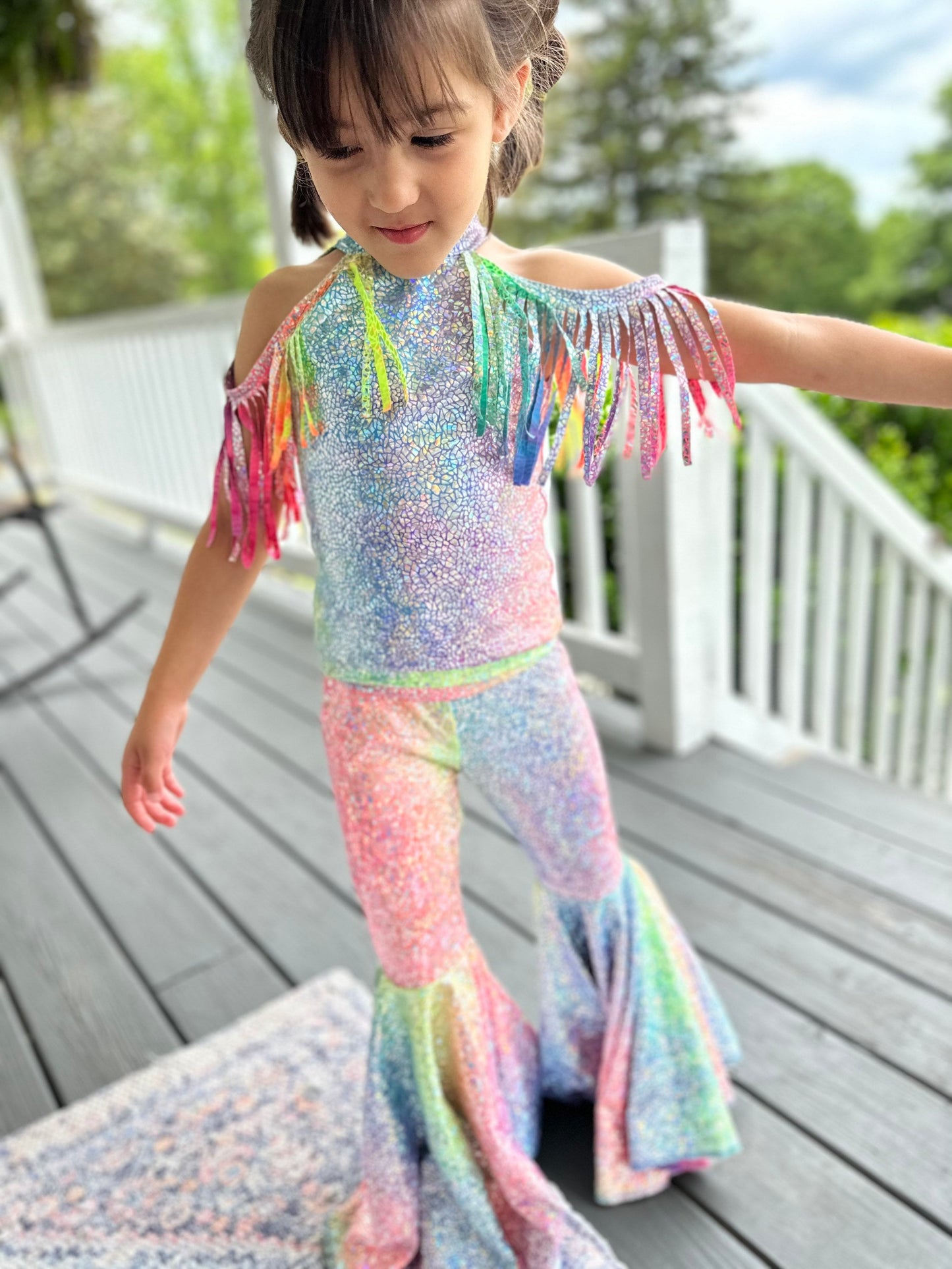 Pageant-Ready Cold Shoulder Fringe Set with Flared Bell Bottoms  Diverse Colors & Sizes for Special Occasions