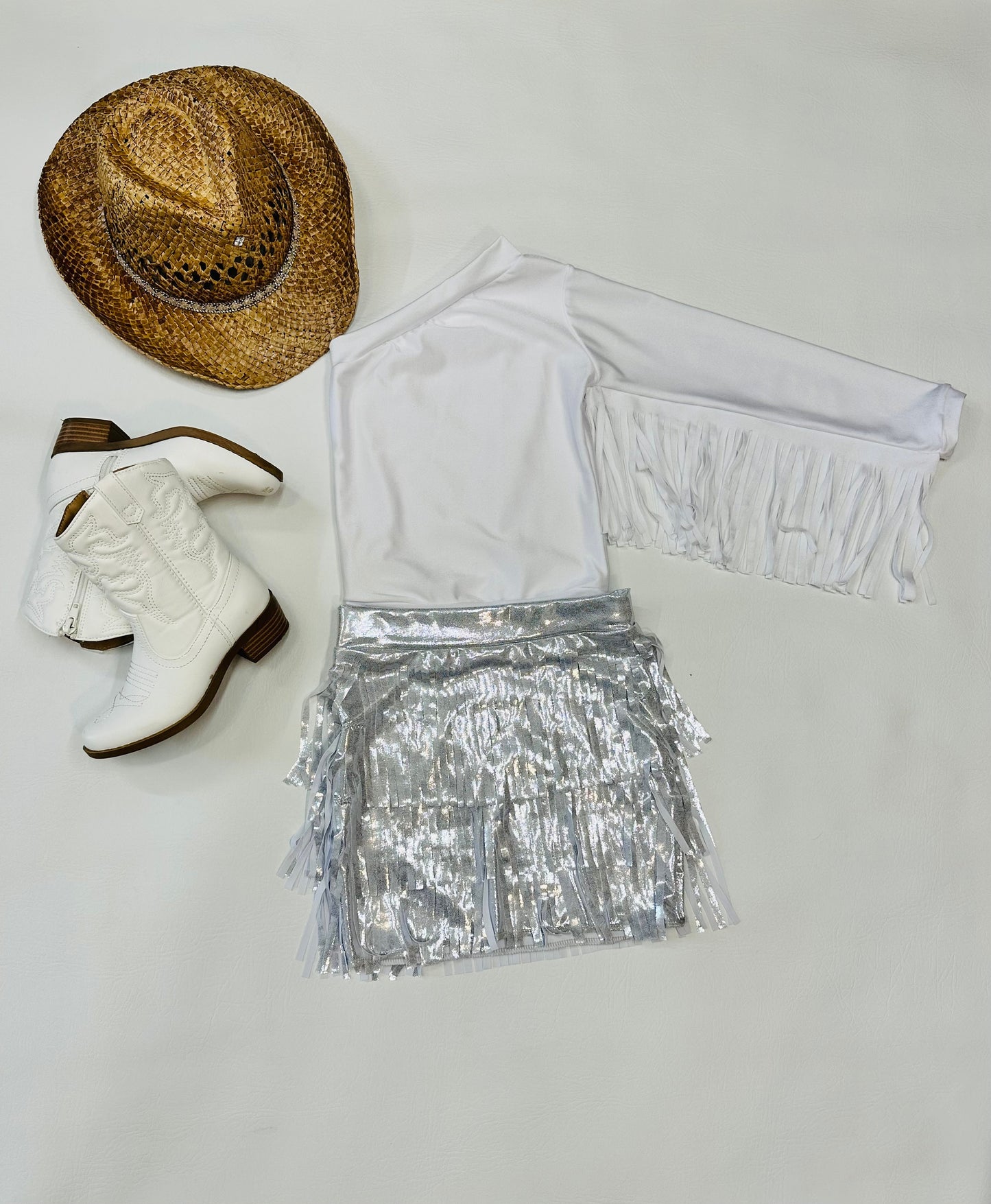 Cowgirl Glam - Fringe Skirt, One-Shoulder Fringe Sleeve Top (Sold Separately) Customize Yours! Choose Your Color By Wholesome Goods Co