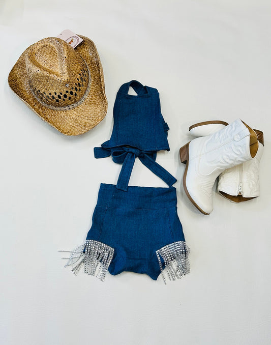 Bedazzled Daisy Dukes Denim Shorts|Denim Cropped Top|Kids Bummies|Kids Shorts|Wholesome Goods Co
