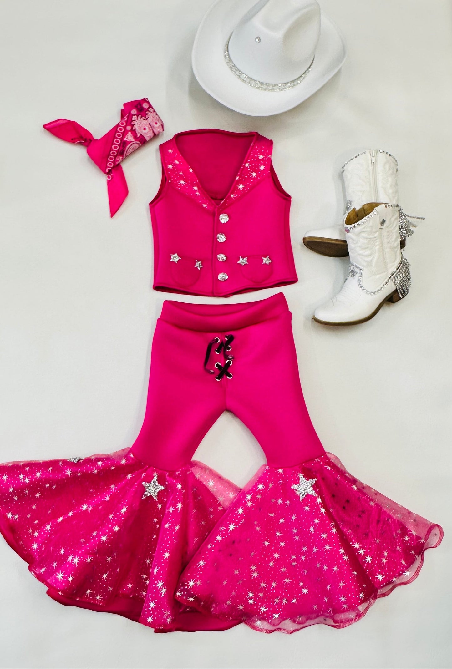 Dazzling Hot Pink Doll-Inspired Outfit for Kids (sold separately) Vest and Lace-Up Bell Bottoms with Super Sparkly Stars WholesomeGoodsCo