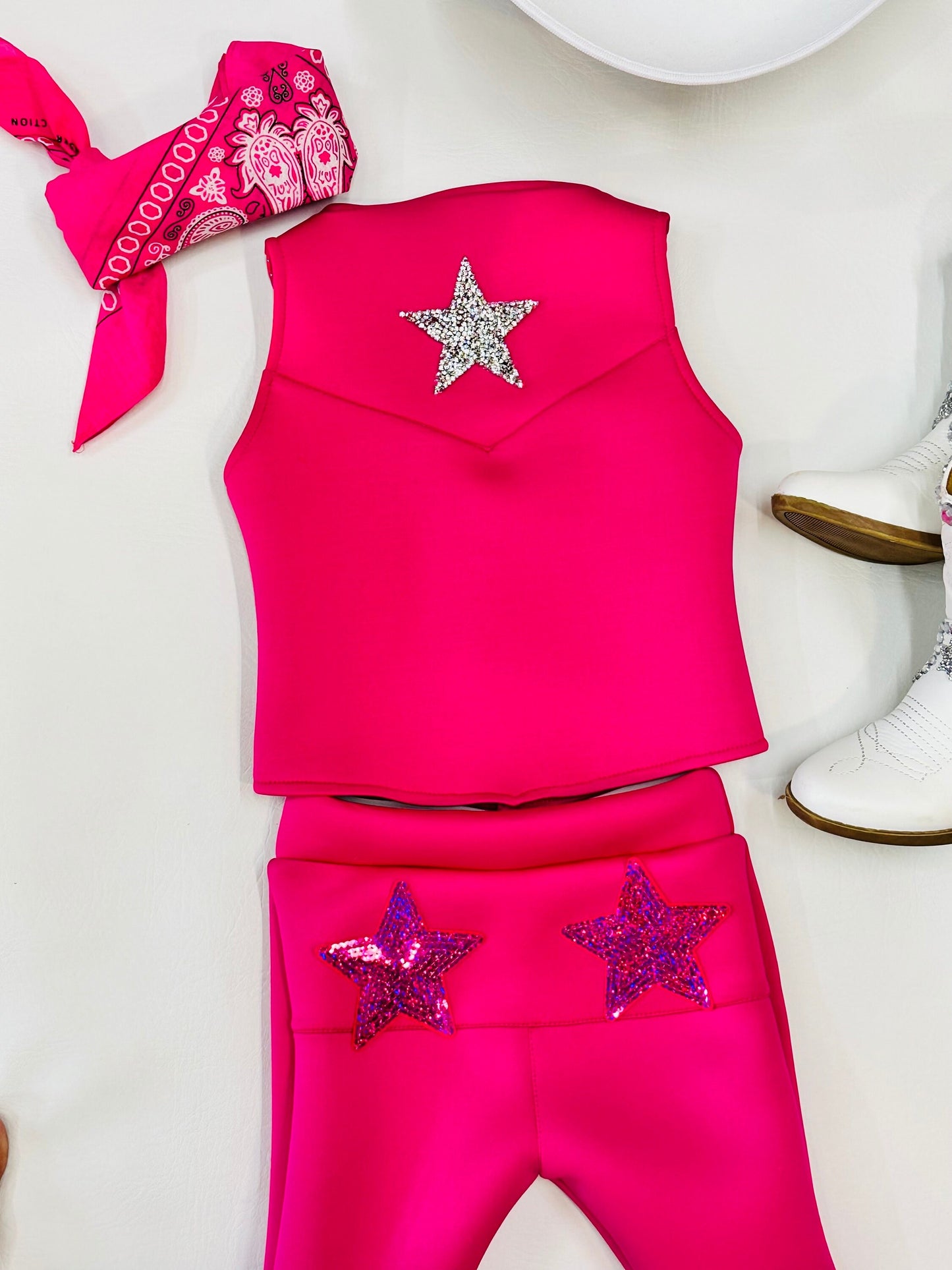 Dazzling Hot Pink Doll-Inspired Outfit for Kids (sold separately) Vest and Lace-Up Bell Bottoms with Super Sparkly Stars WholesomeGoodsCo