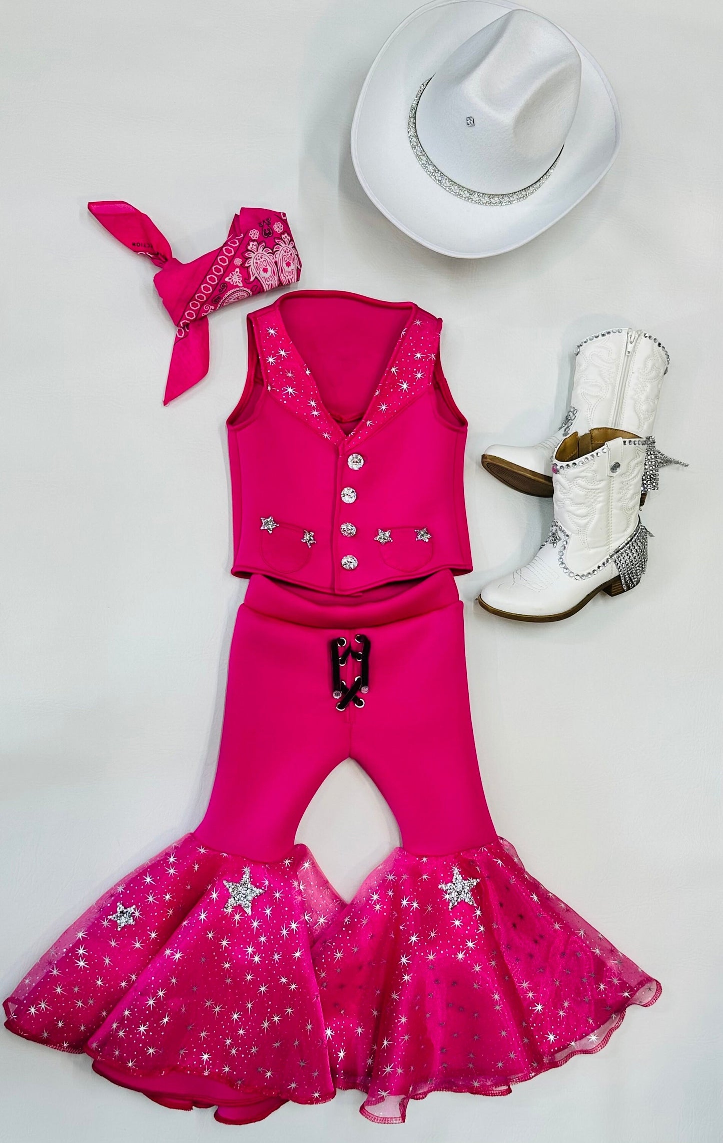 Dazzling Hot Pink Doll-Inspired Outfit for Kids (sold separately) Vest and Lace-Up Bell Bottoms with Super Sparkly Stars WholesomeGoodsCo