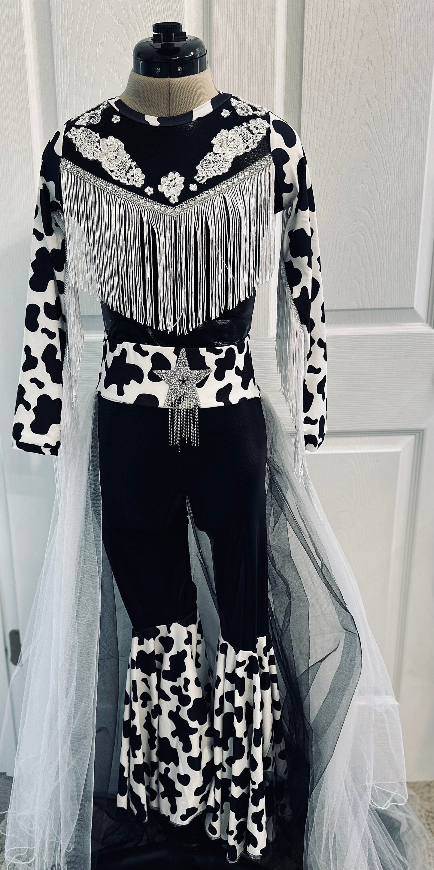 Western Glam Pageant Outfit: 'Let There Be Cowgirls' with Shimmering Black Mystique, Cow Print Accents & Tulle SkirtBy Wholesome Goods Co