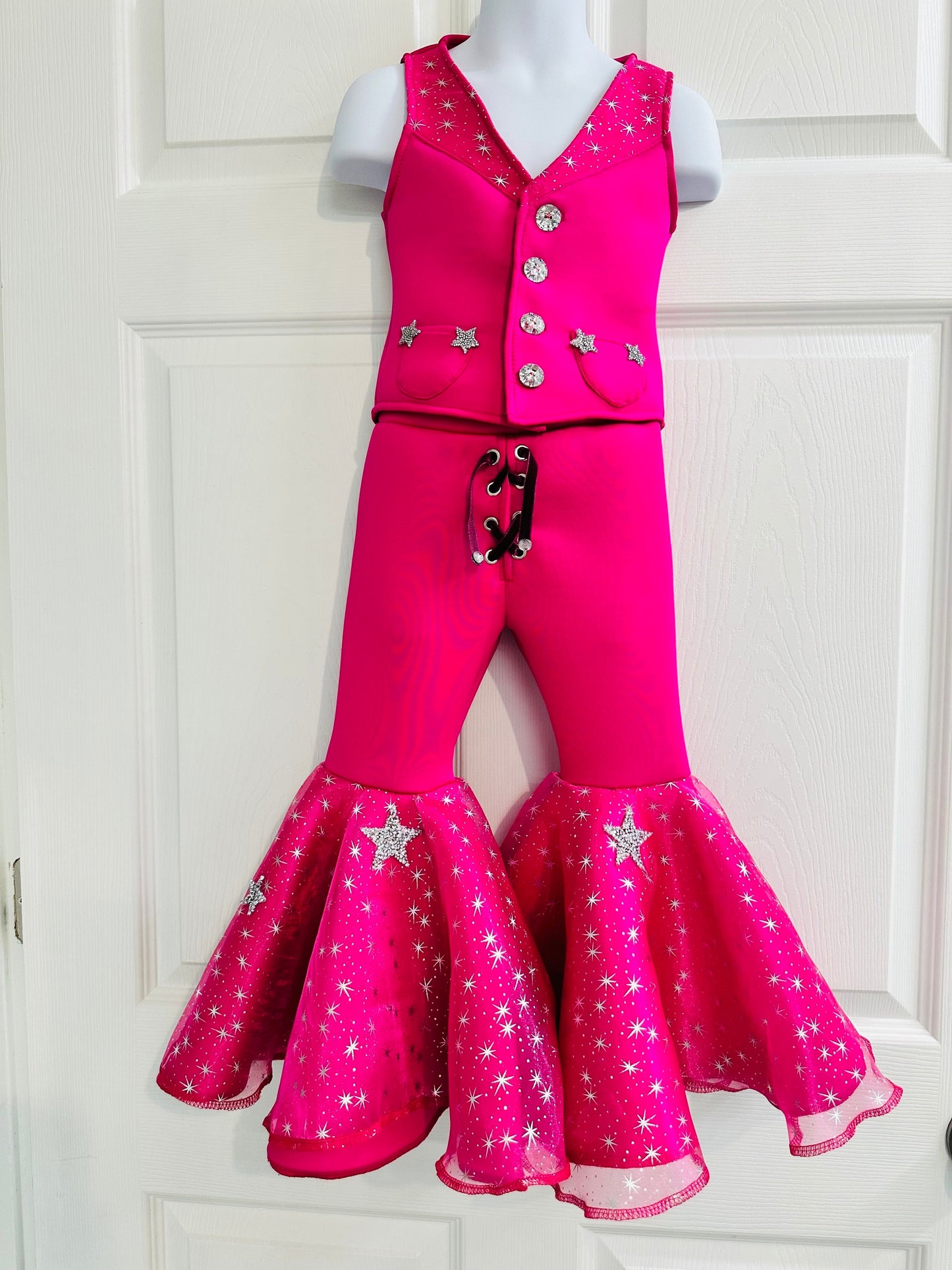Dazzling Hot Pink Doll-Inspired Outfit for Kids (sold separately) Vest and Lace-Up Bell Bottoms with Super Sparkly Stars WholesomeGoodsCo