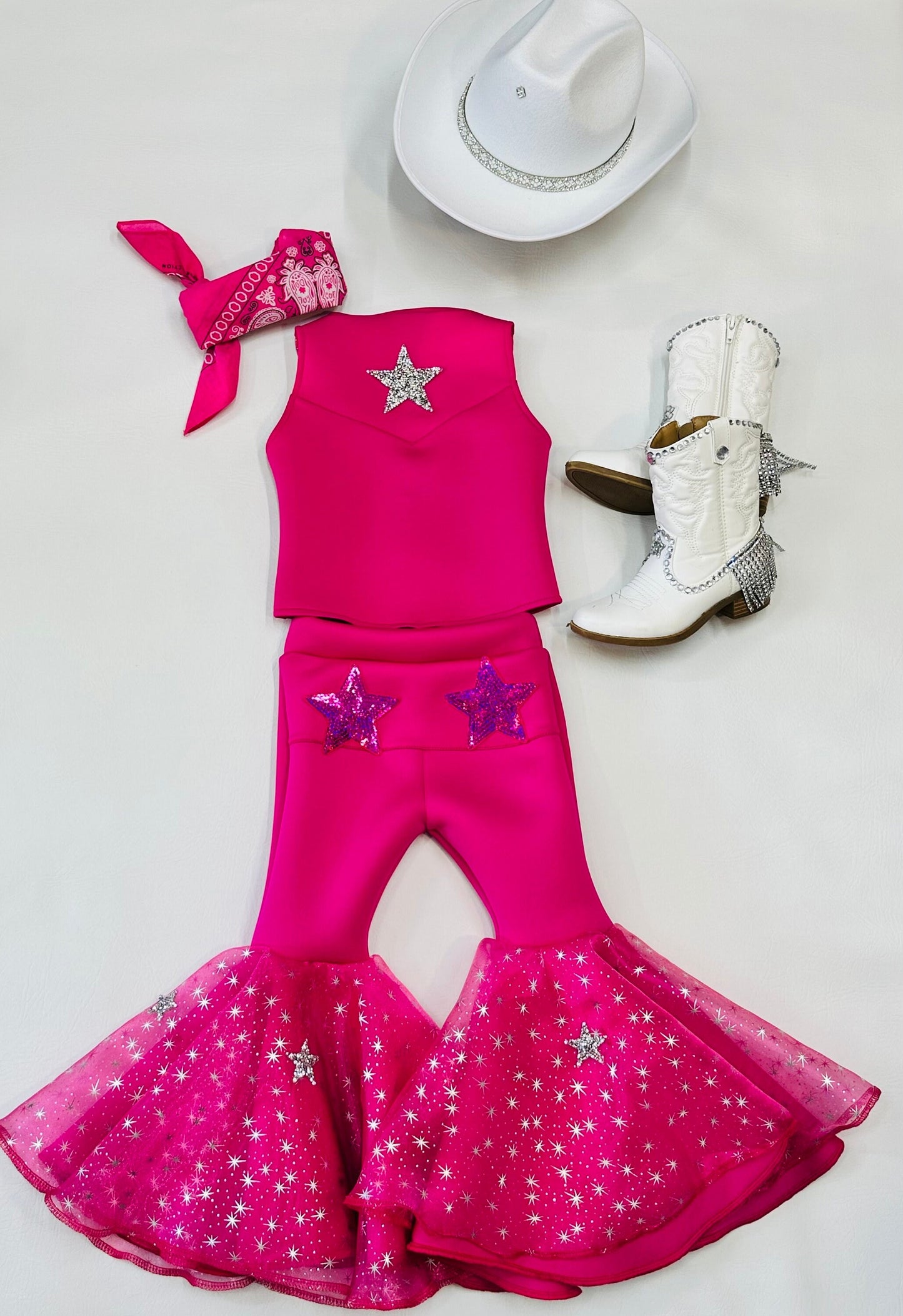 Dazzling Hot Pink Doll-Inspired Outfit for Kids (sold separately) Vest and Lace-Up Bell Bottoms with Super Sparkly Stars WholesomeGoodsCo