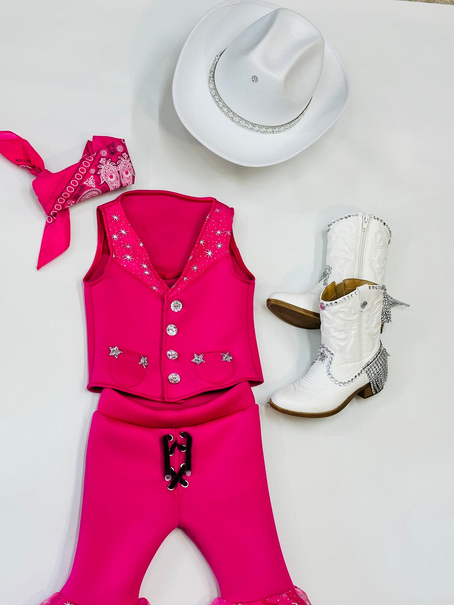 Dazzling Hot Pink Doll-Inspired Outfit for Kids (sold separately) Vest and Lace-Up Bell Bottoms with Super Sparkly Stars WholesomeGoodsCo