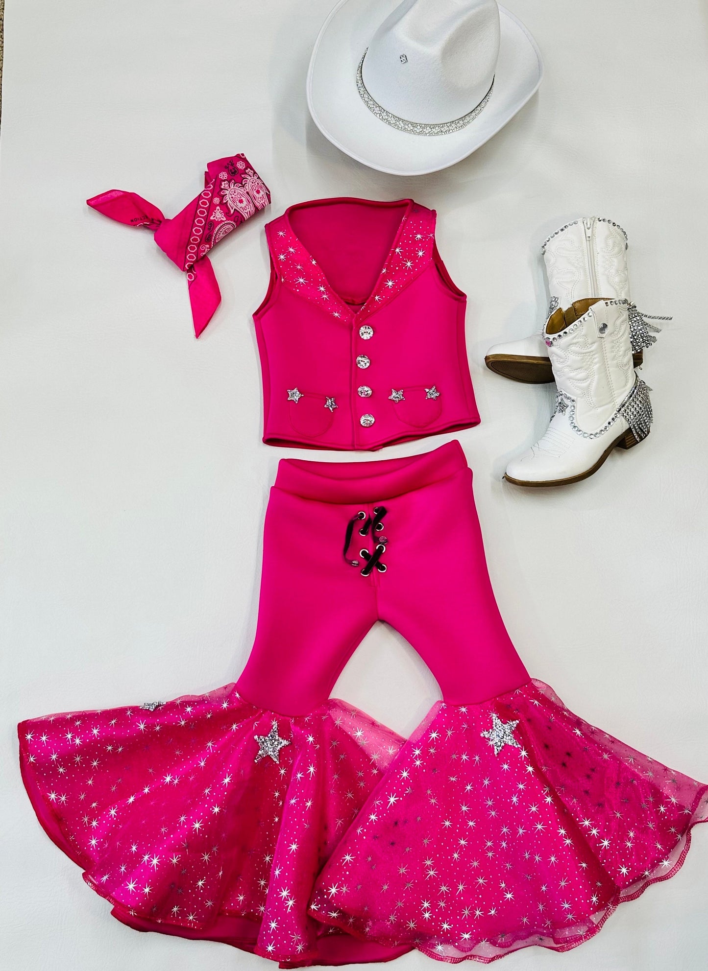Dazzling Hot Pink Doll-Inspired Outfit for Kids (sold separately) Vest and Lace-Up Bell Bottoms with Super Sparkly Stars WholesomeGoodsCo